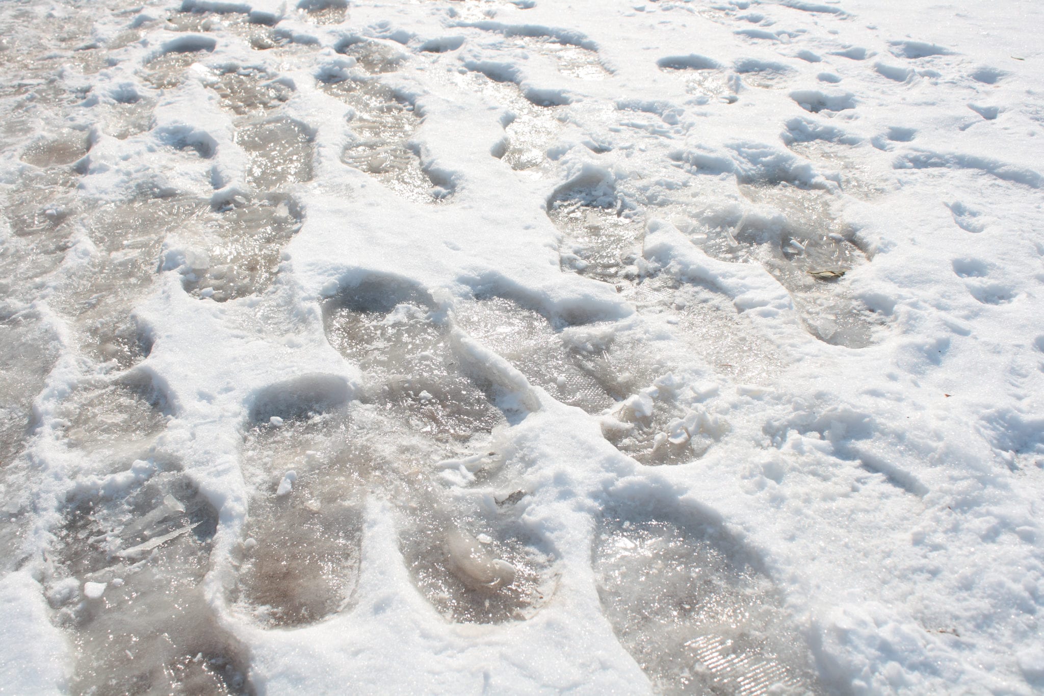 Footprints in the snow on and icy walkway.