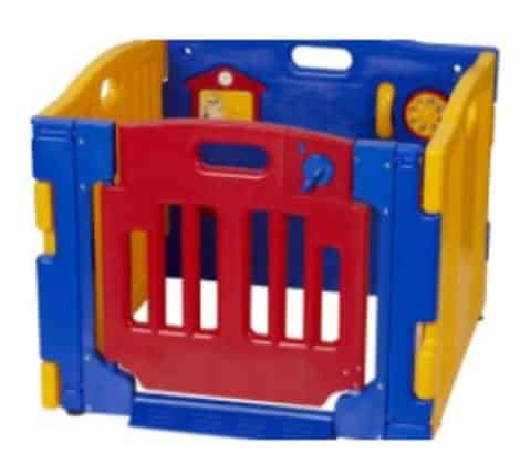 A standing red, blue and yellow square plastic toddler sized play yard.