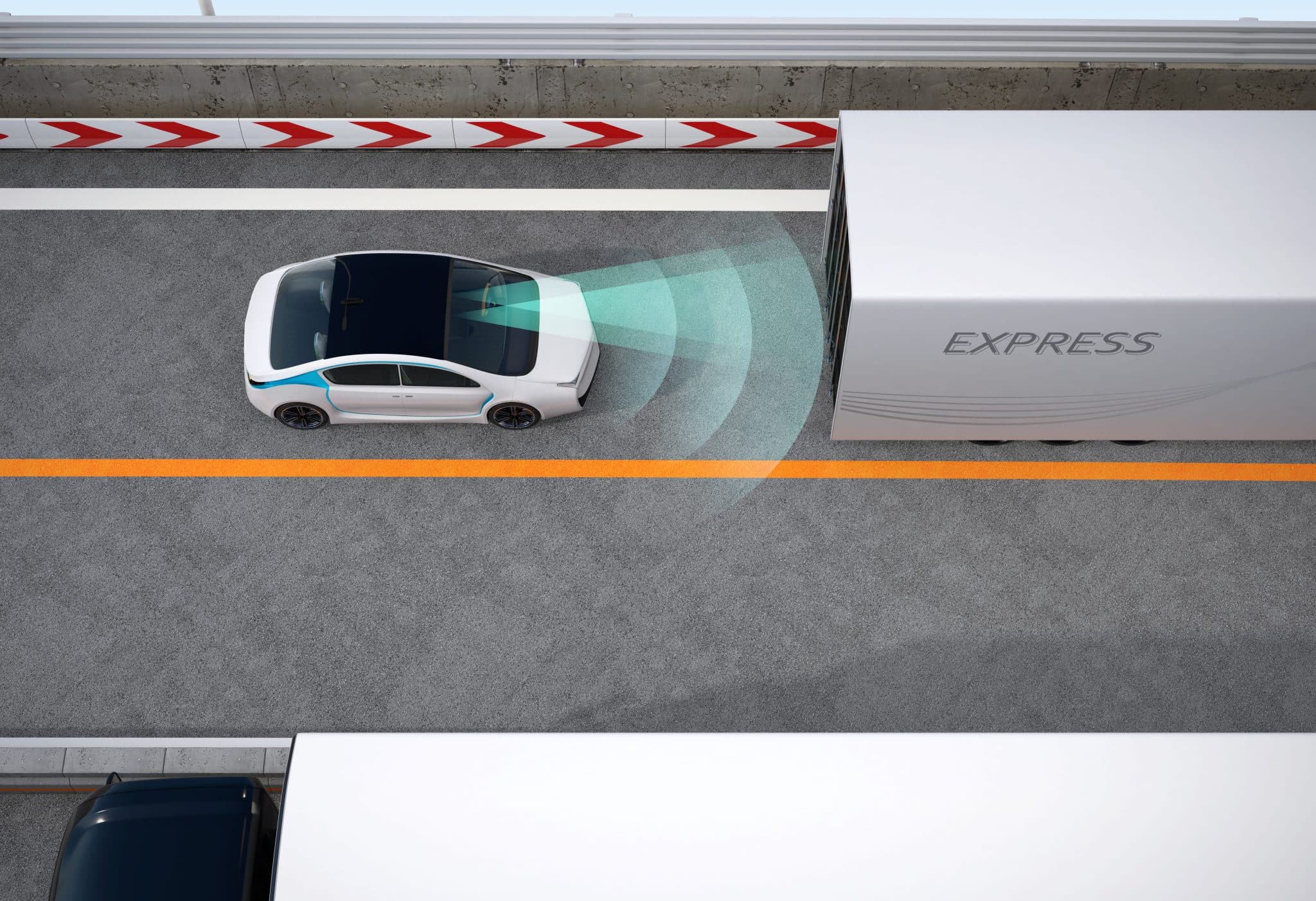 An arial view of a 3D model scene of a small white car with a black roof and blue radar beaming from the front of a self-driving car driving on a two lane highway behind a tractor trailer.