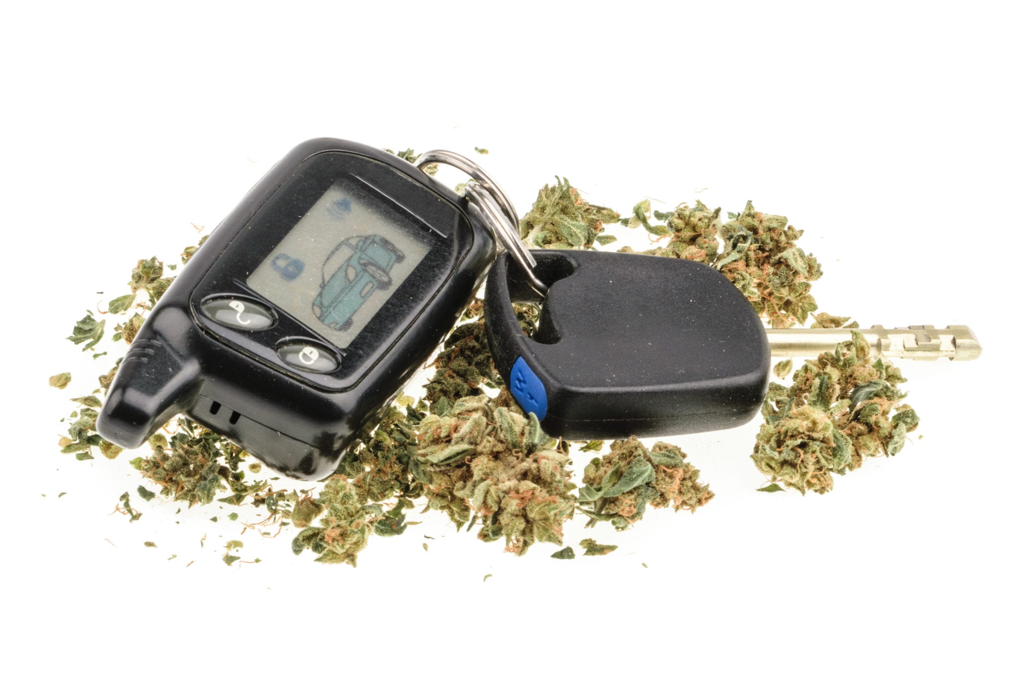 A black car key and key fob surrounded by dried marijuana leaves on a white background.