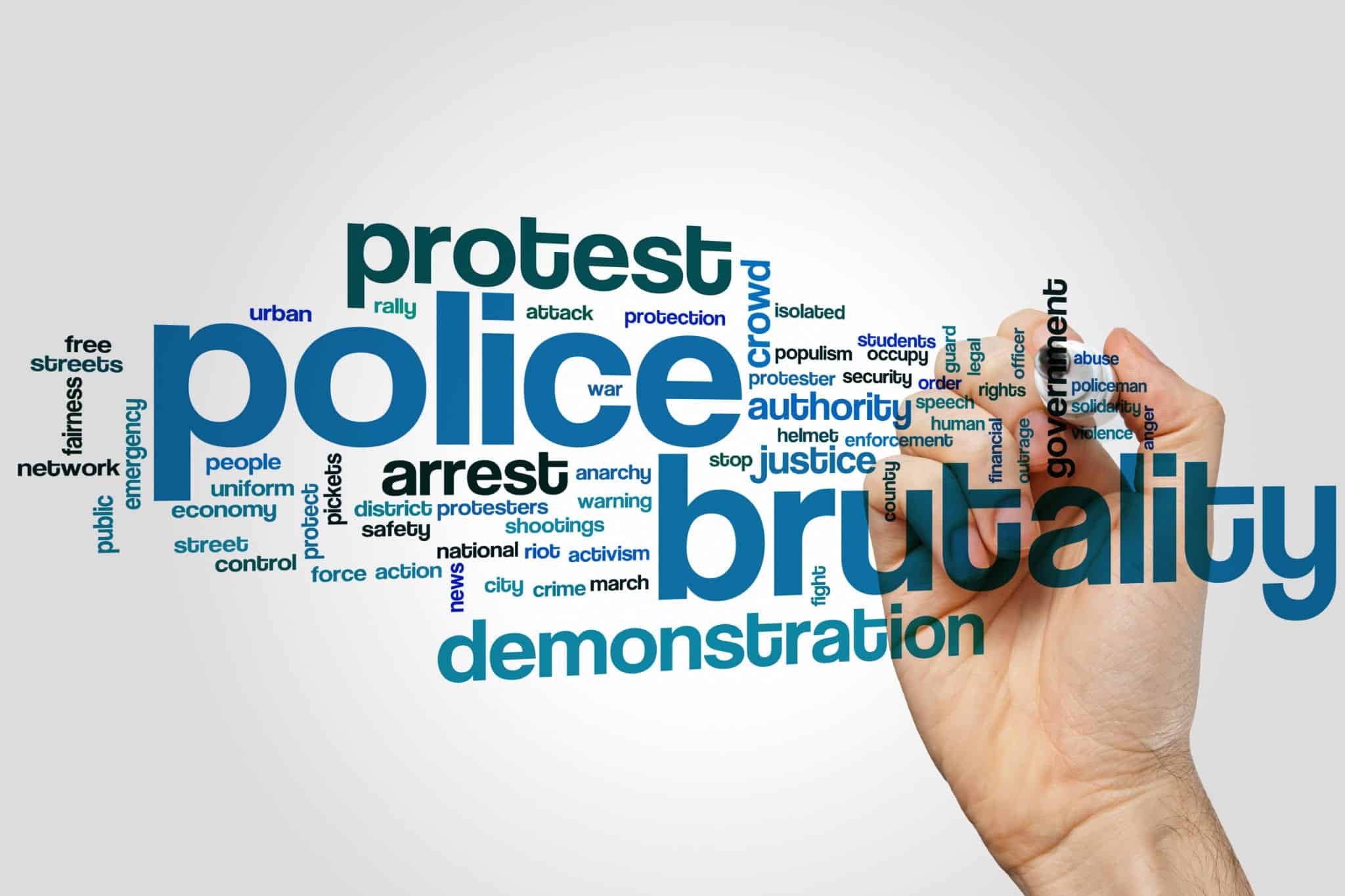 A hand holding a marker in the background pointing toward a collection of words associated with police brutality in the foreground.