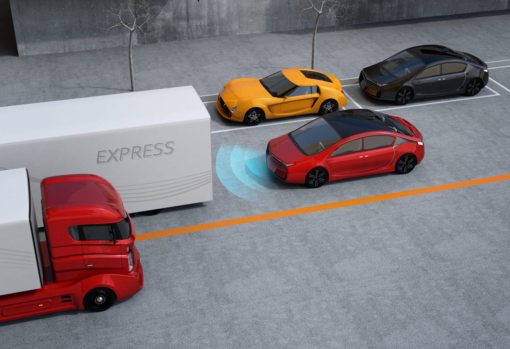 An arial view of a 3D modeled scene of a small red car with a black roof and blue radar beaming from the front of a self-driving car driving behind a tractor trailer on a street lined by parked cars.