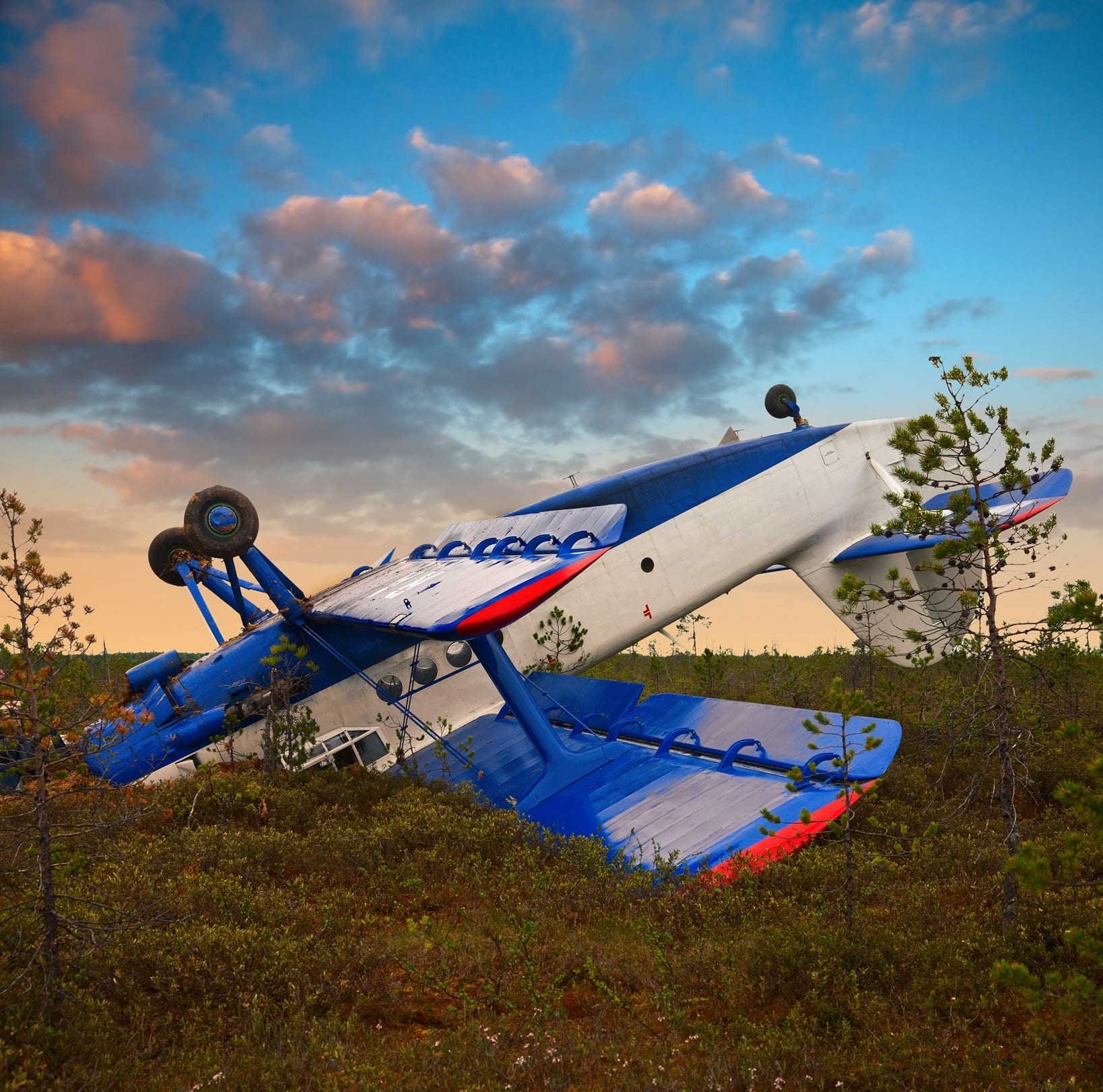 A small bright blue and white biplane crashed in a grassy field, upside down under blue skies and white clouds.