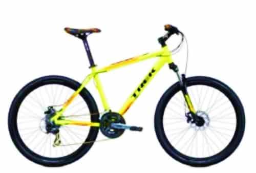 A yellow bycicle with a black seat, handlebars and wheels.