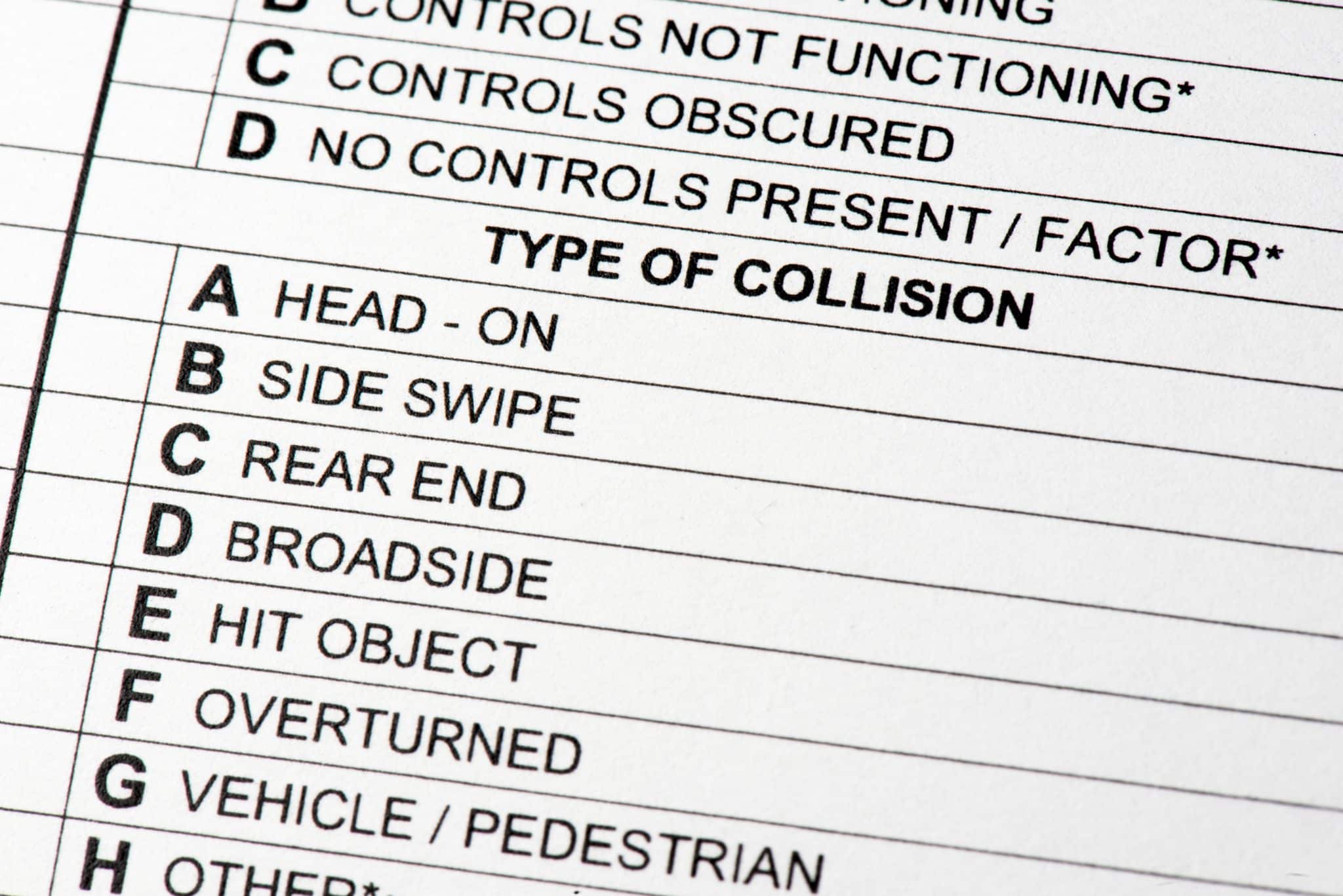 A typed list describing types of vehicle collisions including head-on, side swipe, rear end, broadside, etc.