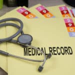 Yellow folders with the words medical record on them and a stethoscope laying on top of the folders.