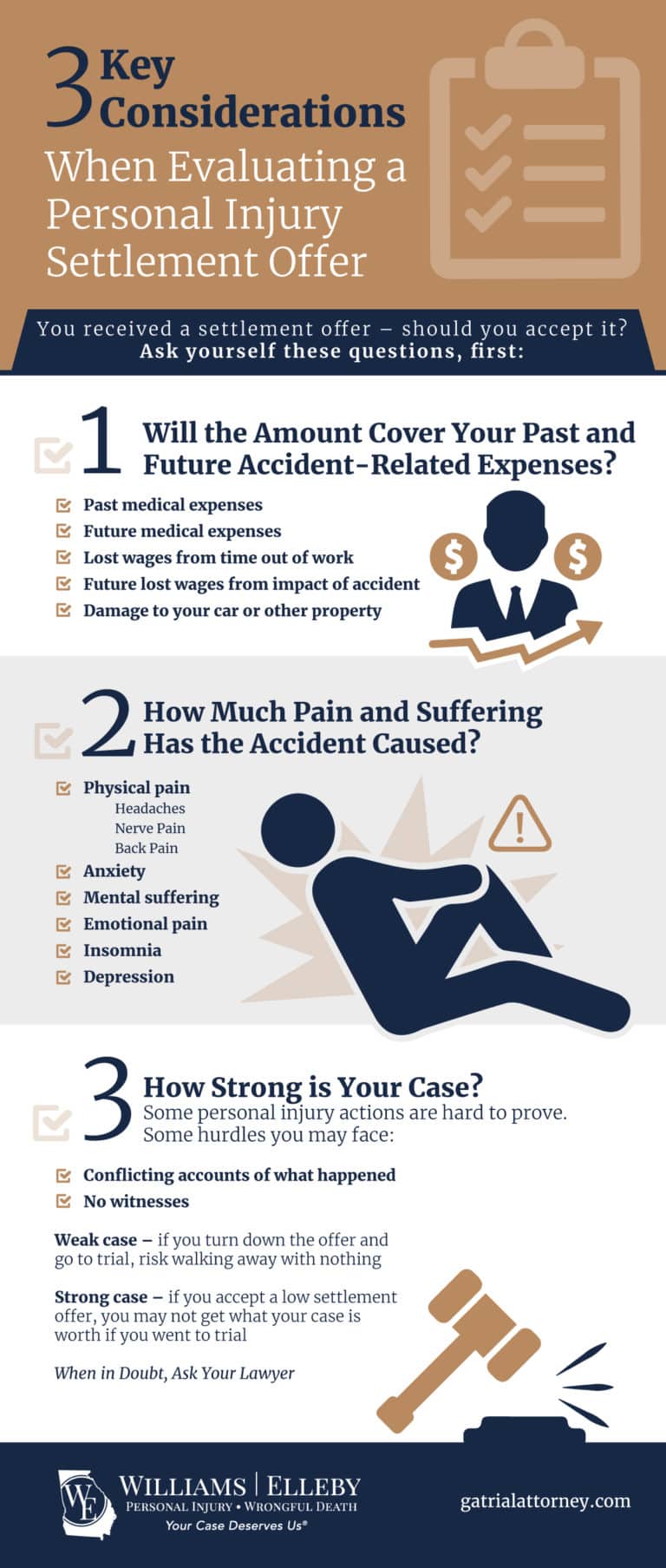 An infographic of 3 key considerations when evaluating a personal injury settlement offer.