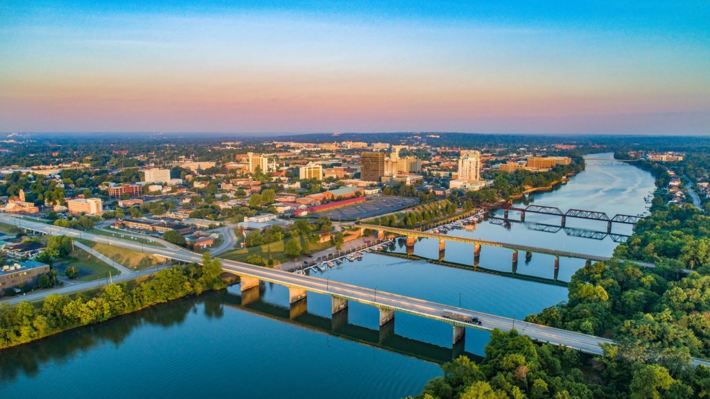 Aerial view of Agusta, Georgia as the sun is setting.