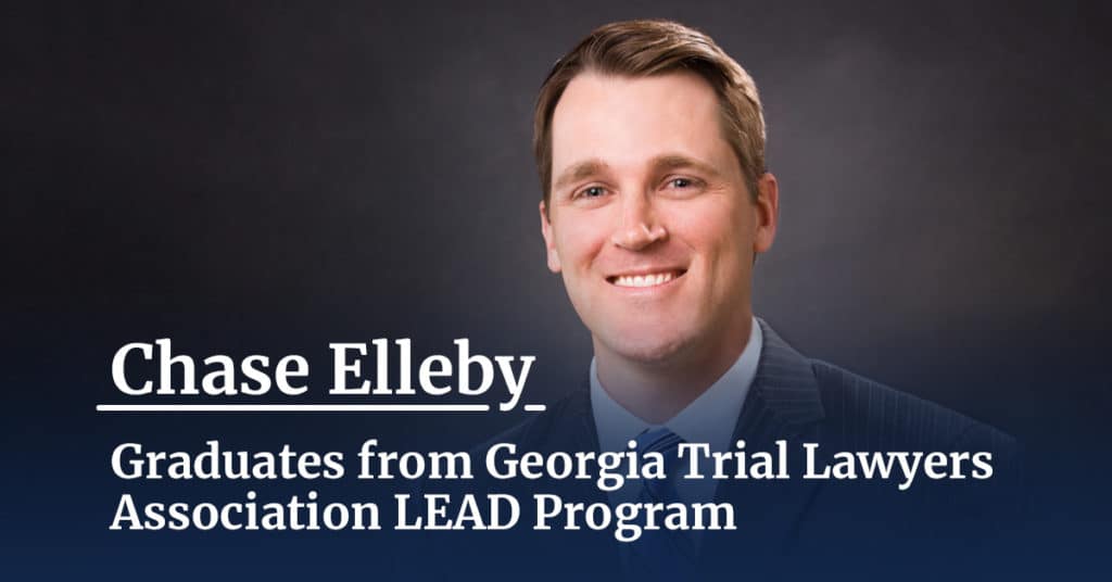 A headshot of a professional male behinf the caption Chase Elleby graduates from georgia Trial Lawyers association LEAD Program.