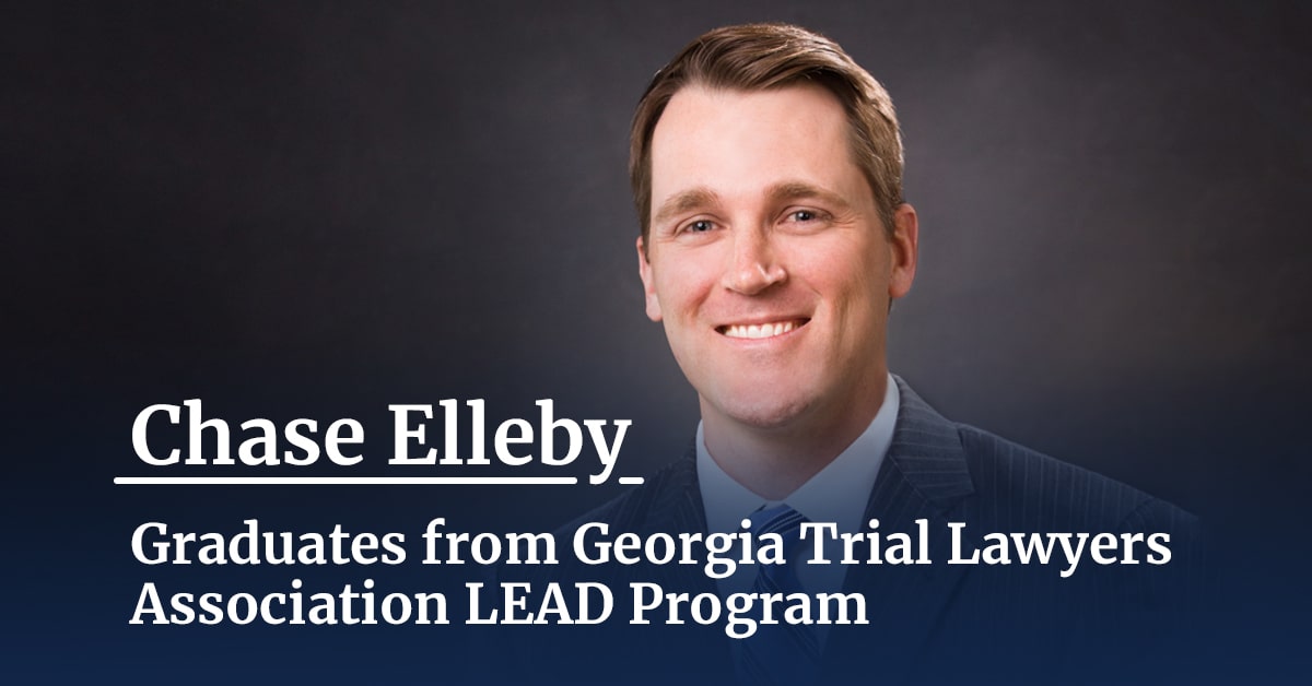 A headshot of a professional male behinf the caption Chase Elleby graduates from georgia Trial Lawyers association LEAD Program.