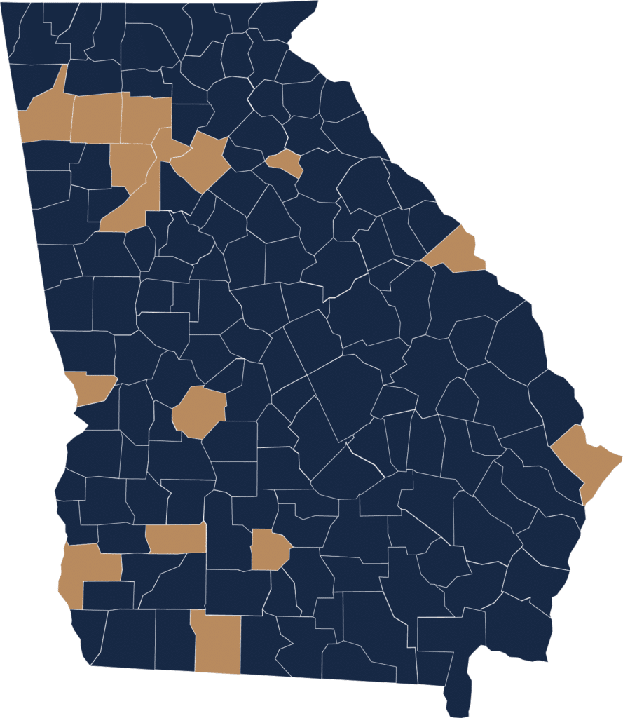 Navy blue map of Georgia with every county outlined in white and several counties shadded in a golden brown.