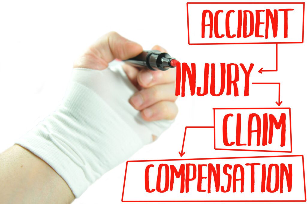 A bandaged hand writing the words, "accident, injury, claim, and compensation" in red marker on a clear screen.