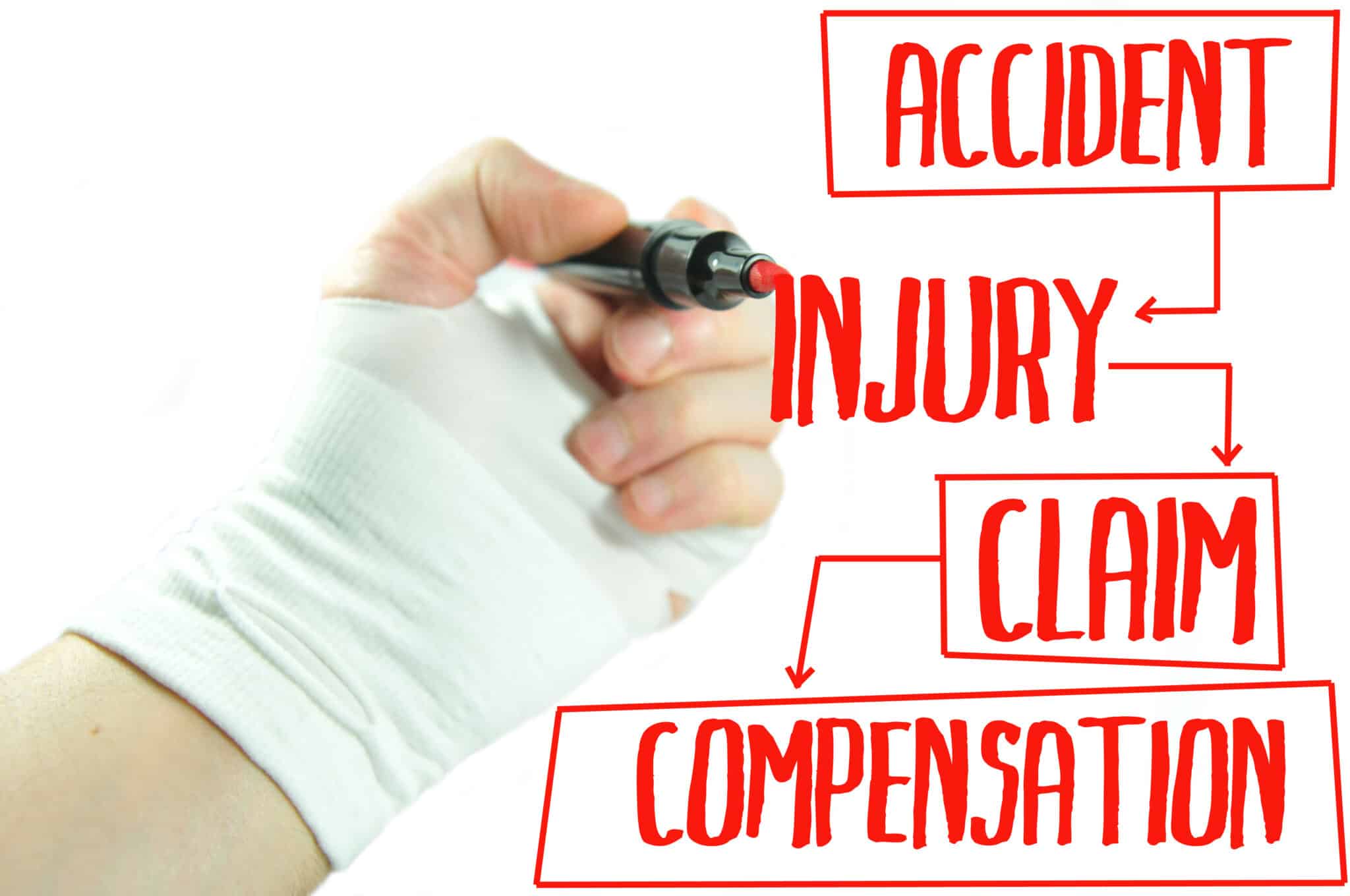 A bandaged hand writing the words, "accident, injury, claim, and compensation" in red marker on a clear screen.