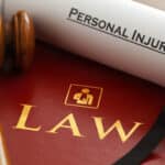 A judges wooden gavel is resting on top of the left side of a red hardcover book with the word LAW in gold writting writting with a white paper rolled into a scroll with the words Personal Injury wrtting on the scroll.