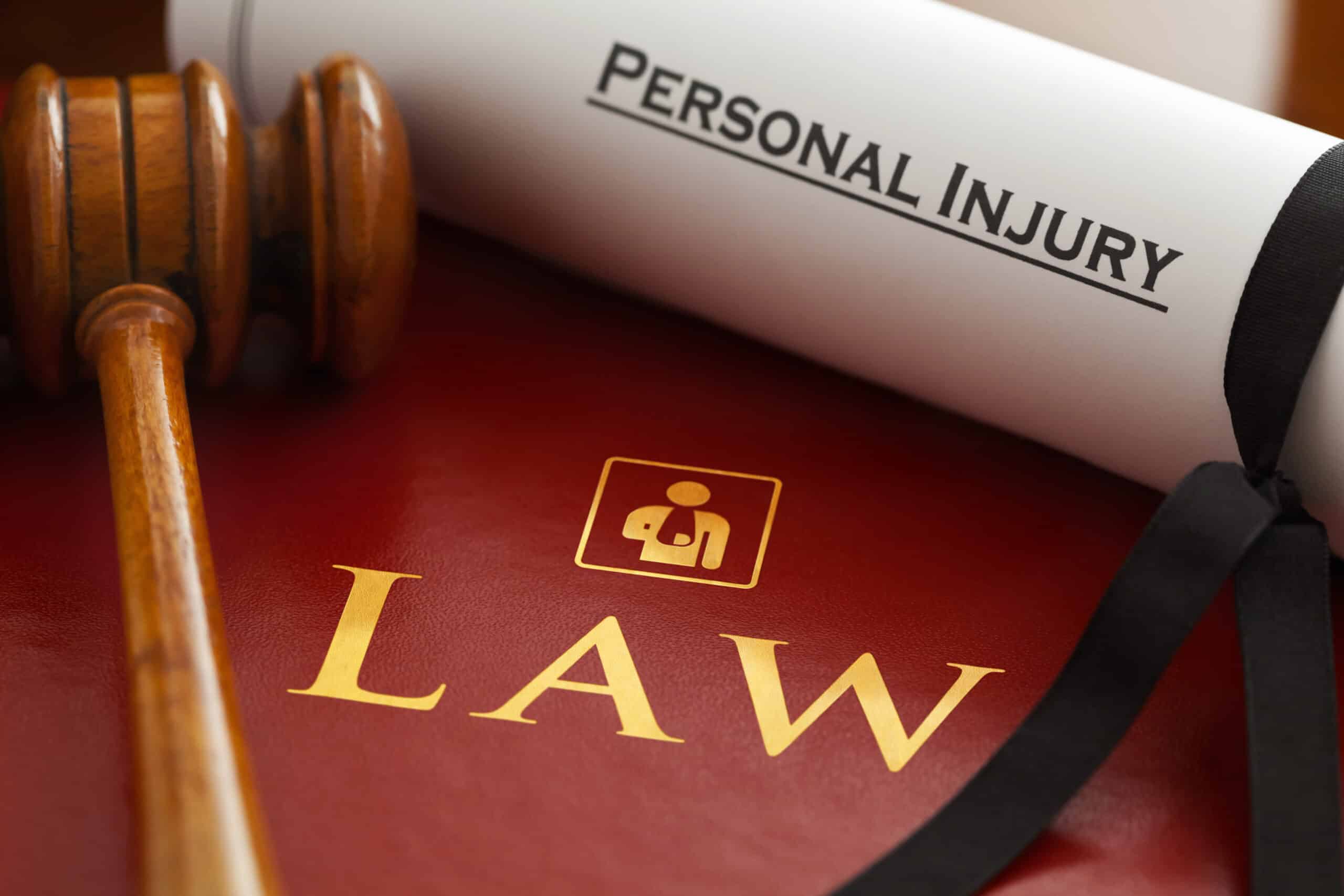 A judges wooden gavel is resting on top of the left side of a red hardcover book with the word LAW in gold writting writting with a white paper rolled into a scroll with the words Personal Injury wrtting on the scroll.