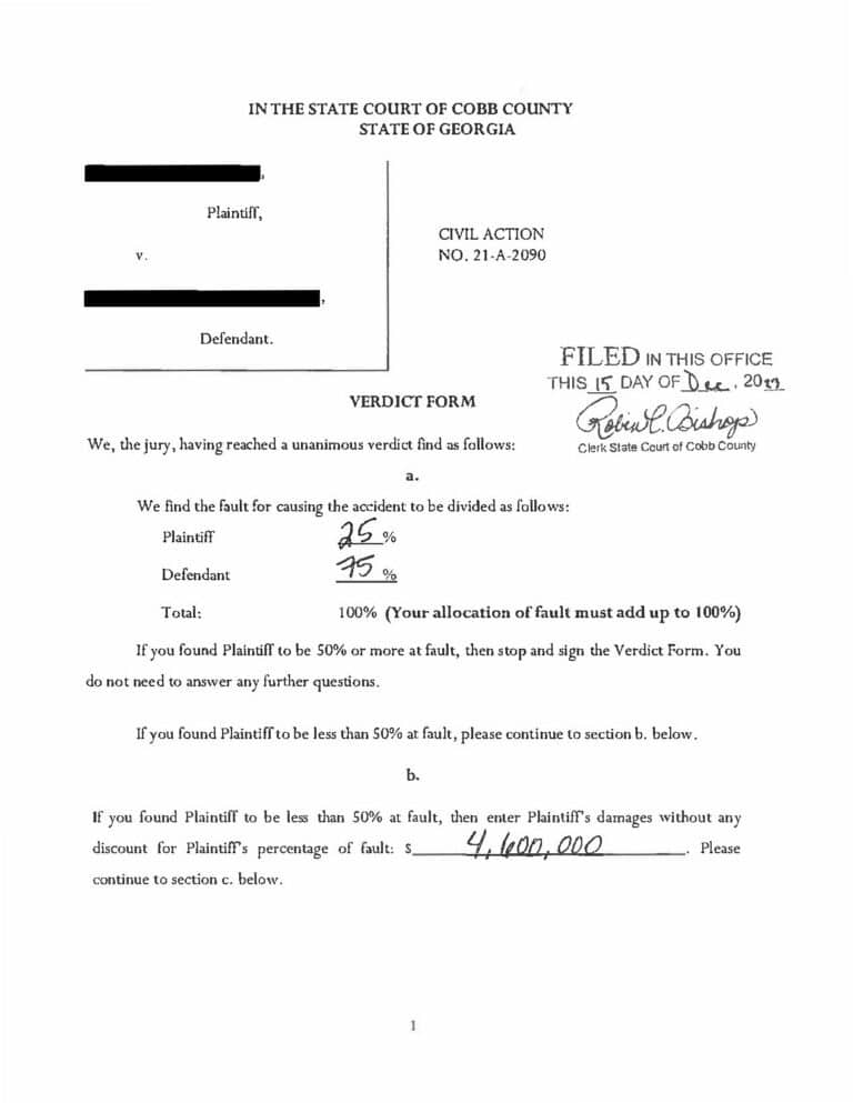A verdict form from the state court of Cobb County in the state of Georgia, showing the plaintiff in this case was 25% at fault and the defendent was 75% at fault.